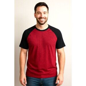 GUESS Mens T-Shirt Size XL Red Heather Black Raglan Short Sleeve Casual Tee